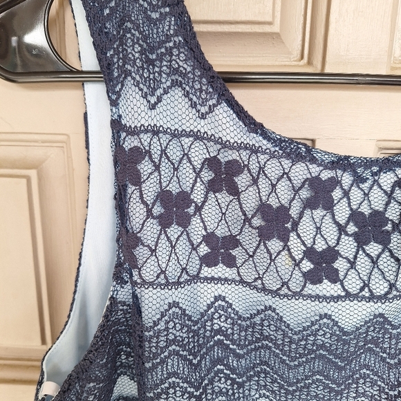 Blue Dress Lace Overlay PlusSz14 Zip Back Sleeveless Scoop Neck Drop  Waist - Picture 2 of 8